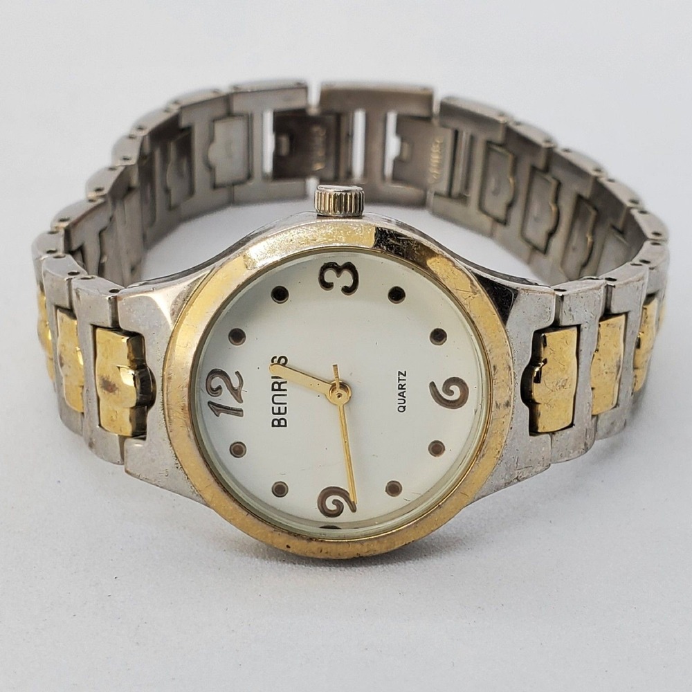 Benrus Women's Watch 28MM White Dial Gold Gray Bracelet 7.5" New Battery